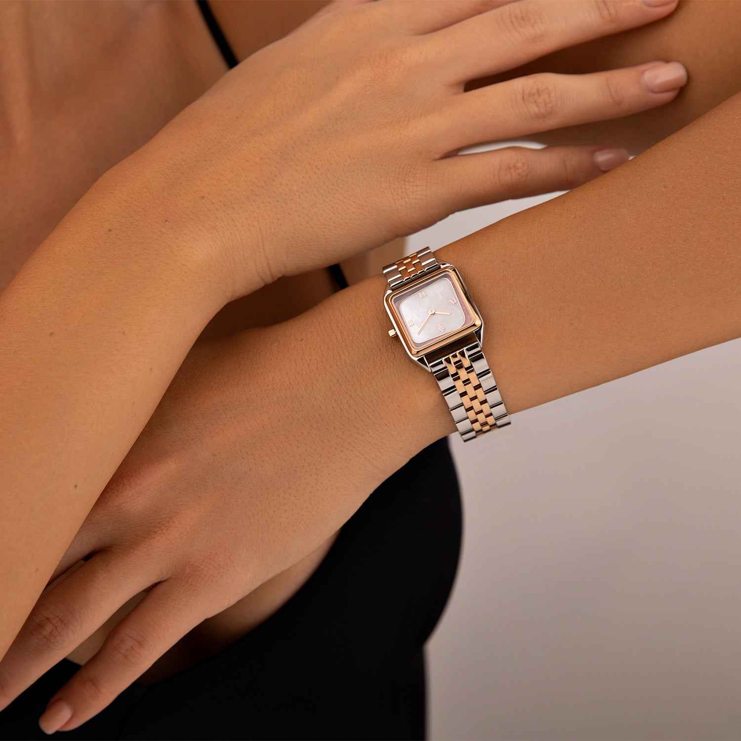 Women's Rose Gold Two-Tone Gemstone Watch with Strawberry Quartz