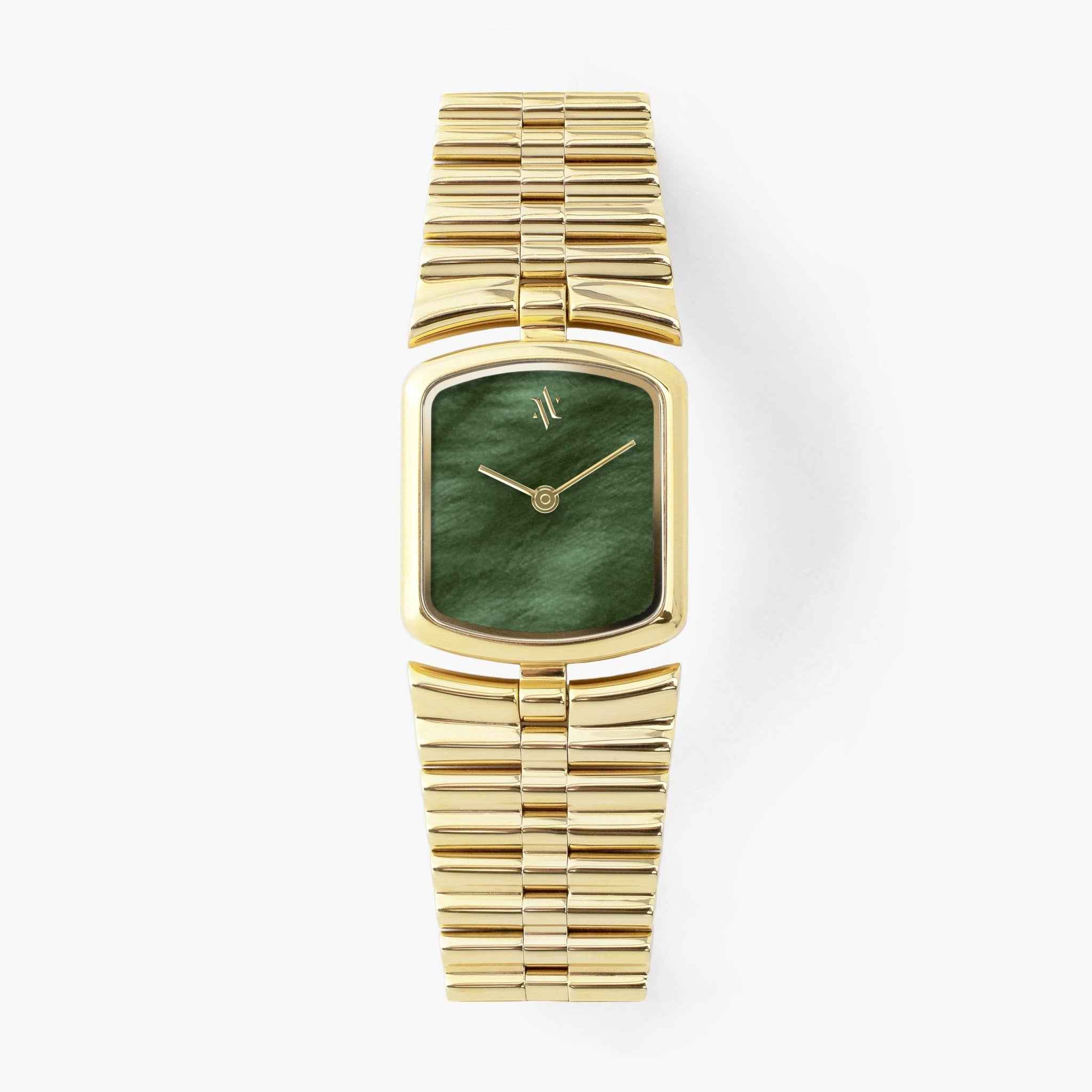 Women's Gold Rectangular Gemstone Watch with Green Pearl Dial | VANNA