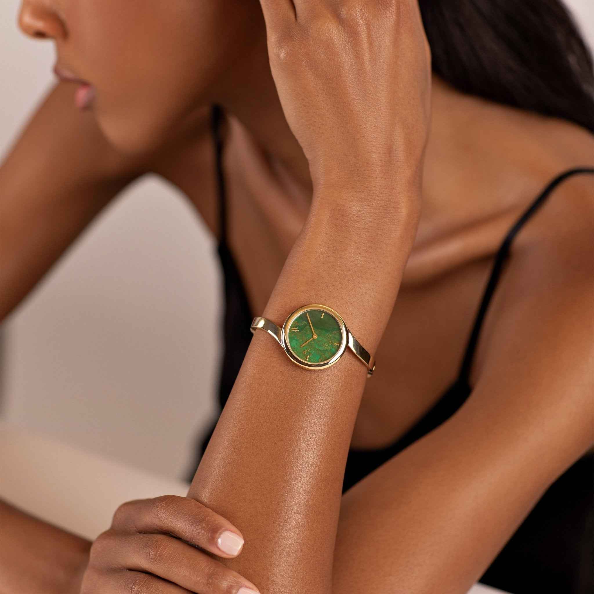 Women's Round Gold Bangle Watch with Green Jade Gemstone Dial | VANNA
