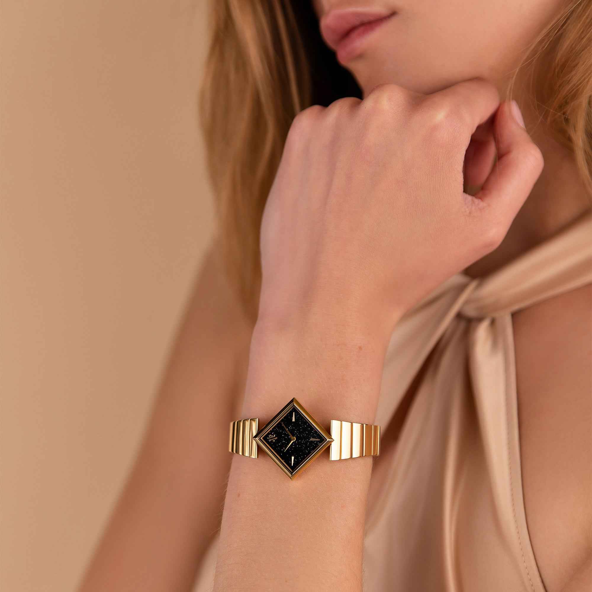 Women's Gold Diamond-Shaped Gemstone Watch with Blue Sandstone